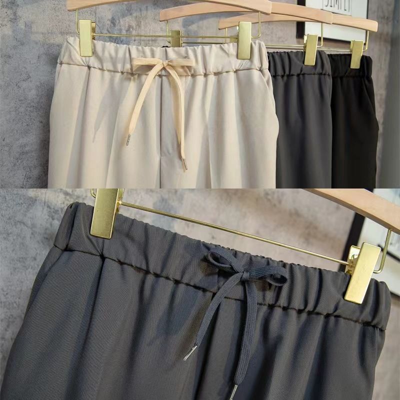 Calças masculinas de verão, finas, afuniladas, com caimento reto, de cor sólida, com cordão moderno, justas, sem passar a ferro, calças casuais de nove pontos_voghion.com