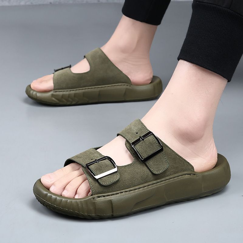 Top Layer Cowhide Men In Summer, Outdoor Beach Shoes Indoor Anti Slip High-end Cool Slippers For Men, Trendy_voghion.com