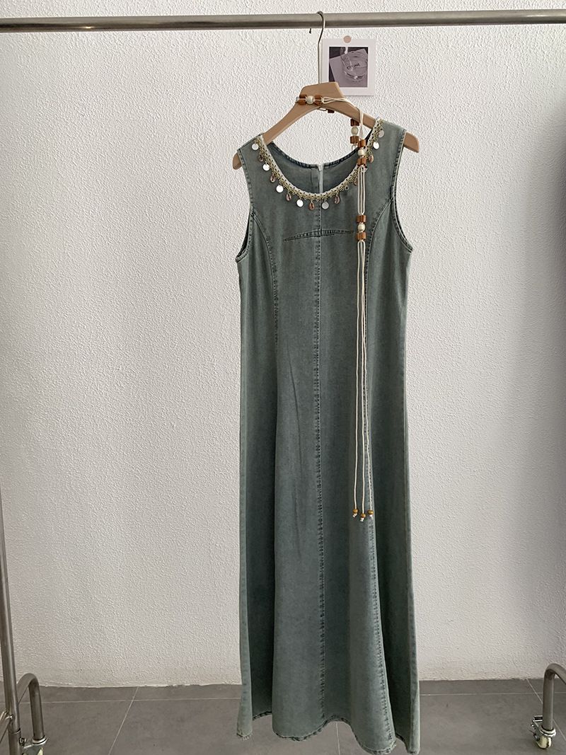 Abito in denim di media lunghezza con scollo rotondo, nappe, senza maniche, stile Omalei, estivo, da donna, 3086_voghion.com