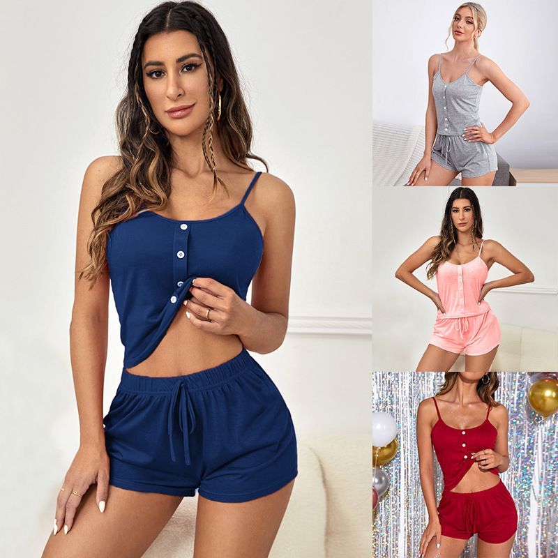 Effen pyjamaset voor dames, korte slingbacks en comfortabele casual loungewear_voghion.com