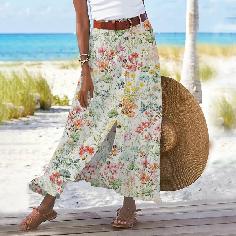 hot selling Women's S-2XL size Cotton and linen cross-border foreign trade split A-line bag buttocks mid waist long skirt_voghion.com