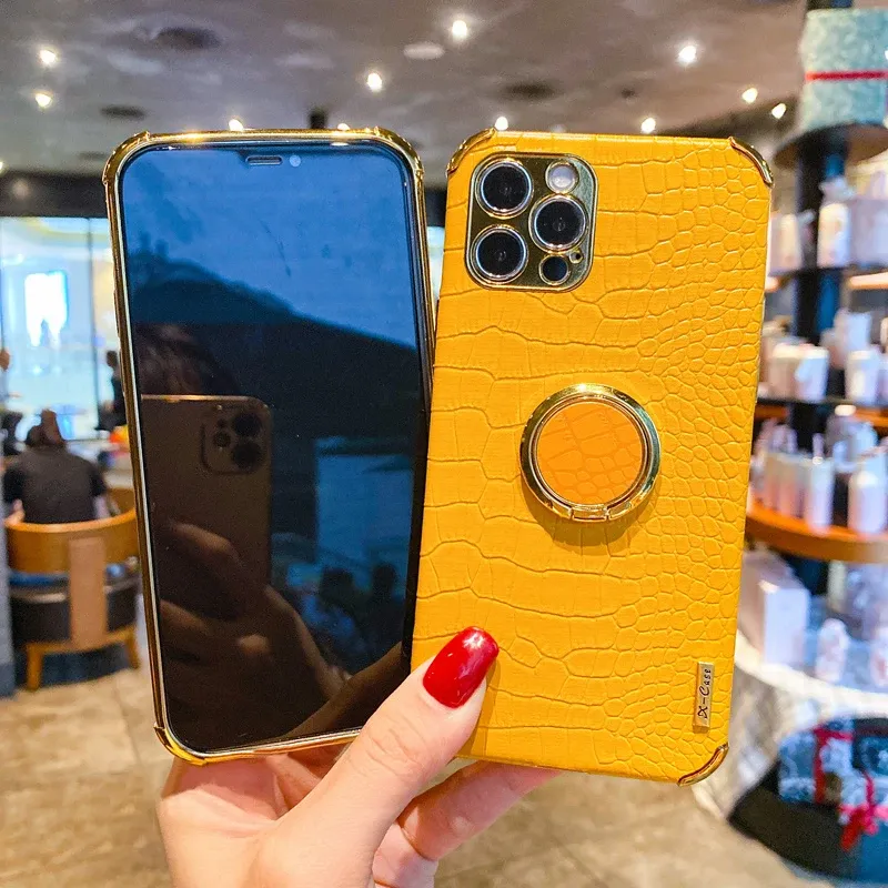 Plating Crocodile Texture Phone Case For IPhone 15 Plus 11 12 13 14 Pro XR X XS Max 8 7Plus 4G 5G Magnetic Finger Ring_voghion.com