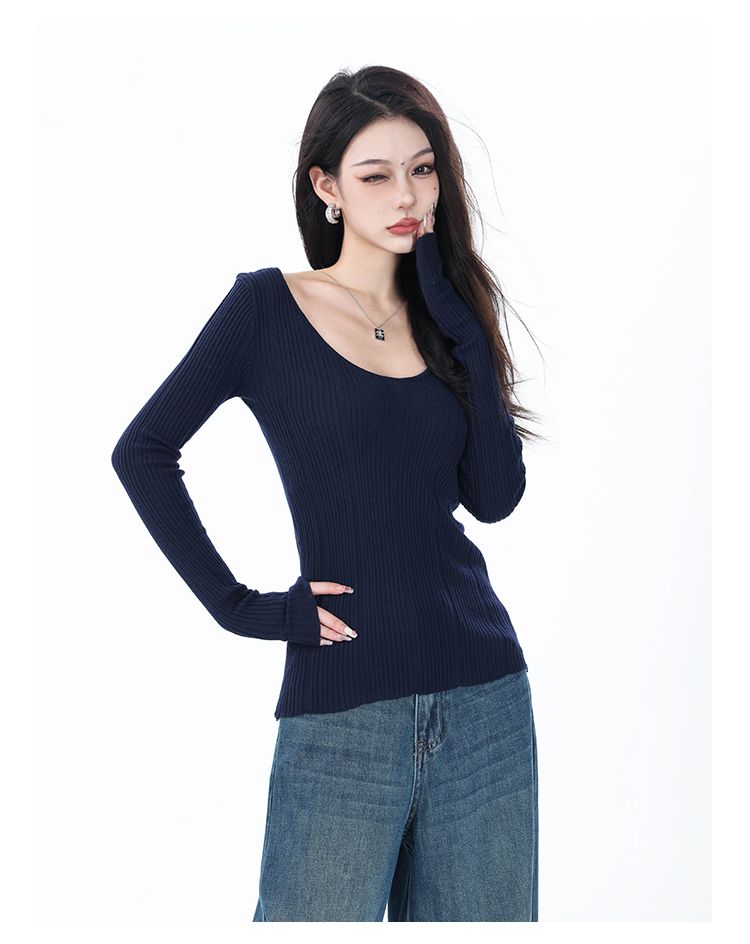 ABWEAR Maglione a maniche lunghe con scollo rotondo blu navy autunno inverno da donna, tinta unita, lavorato a maglia, con base a coste_voghion.com