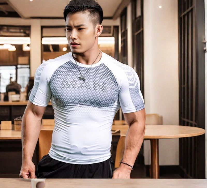 T-shirt de compression à manches courtes et col rond pour entraînement de course à pied, absorbant la transpiration et séchage rapide_voghion.com