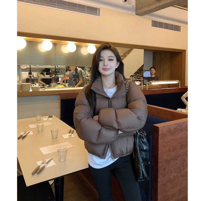 Women's Short Puffer Jacket With 90% White Duck Down, Oversized Cropped Coat, Casual Winter Outerwear (Brown, Black)_voghion.com
