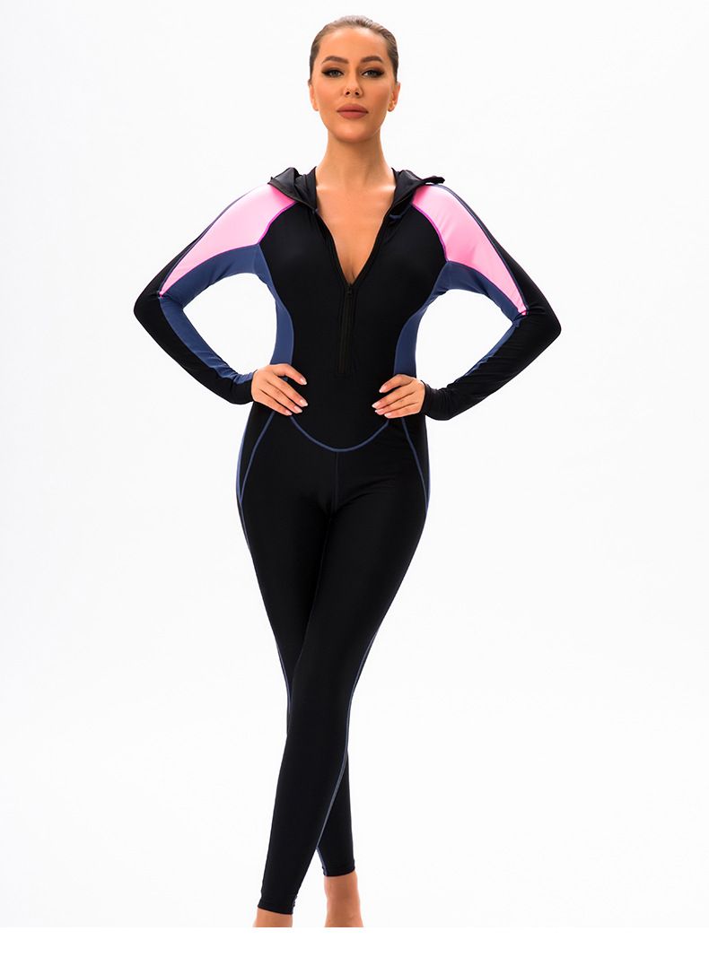 Cross Border New Color Matching One Piece Long Sleeved Sunscreen Women's Swimsuit Middle East Full Coverage Conservative Muslim Trousers Swimsuit_voghion.com