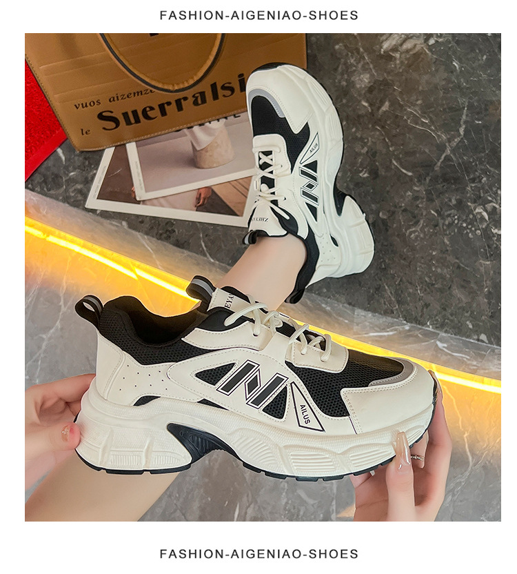 P1 scarpe da papà con la suola spessa 2023 autunno nuova versione coreana da donna con lacci incrociati con suola piatta e scarpe casual con tacco medio color block_voghion.com