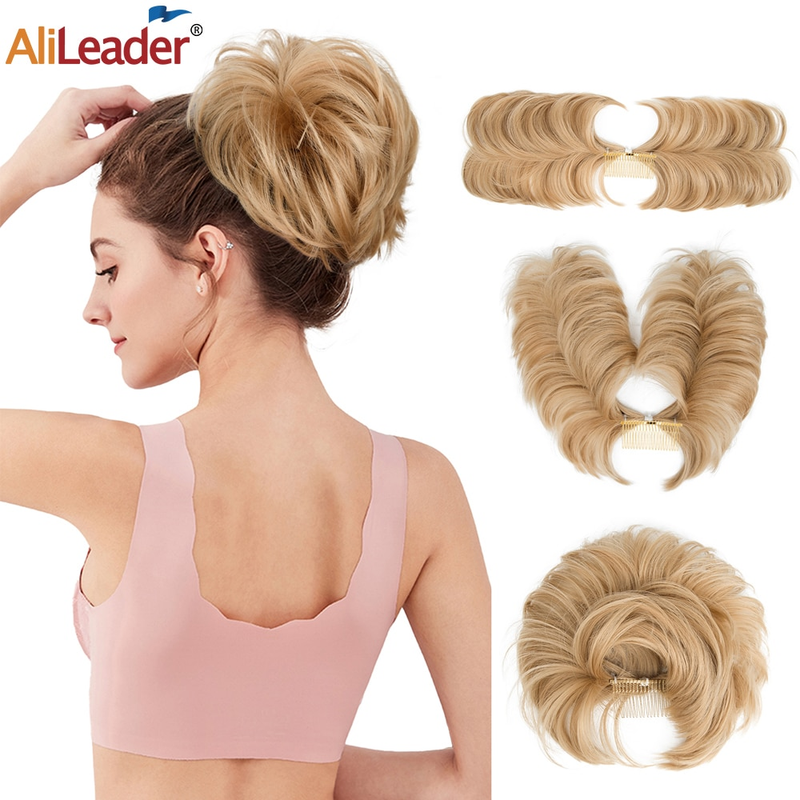 Sintētiski pūkaini sprādzes mezglā veidoti matu gabaliņi, nekārtīgi, taisni, augšup vērsti matu pieaudzējumi, regulējami DIY šignonu aksesuāri sievietēm_voghion.com