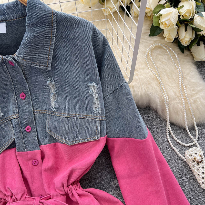 Women's Clothing style long sleeved dress summer women's clothing high grade denim splicing contrast color waist temperament shirt short skirt_voghion.com