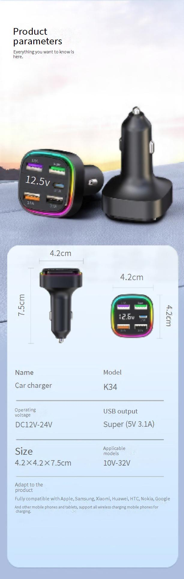Autoladers Multipoort Autolader QC3.0 Snelladende Autolader Vijf Poorten Uitbreiding Kleurrijke Sfeerverlichting_voghion.com