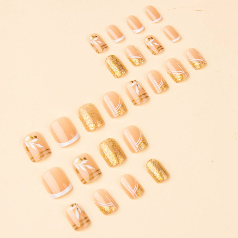 LC196 Gold Glitter Short Press-On Nails – French Tip Fake Nails With White Edge, Summer Fresh & Ins Style, Easy To Wear For Party Vacation (16pcs)_voghion.com