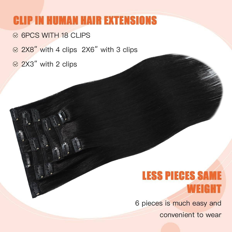 Clip-In-Haarverlängerungen, Echthaar, 16 Zoll, natürliches Schwarz, Clip-In-Doppelschuss, 100 % Echthaar-Extensions, 8 Stück, 90 g_voghion.com