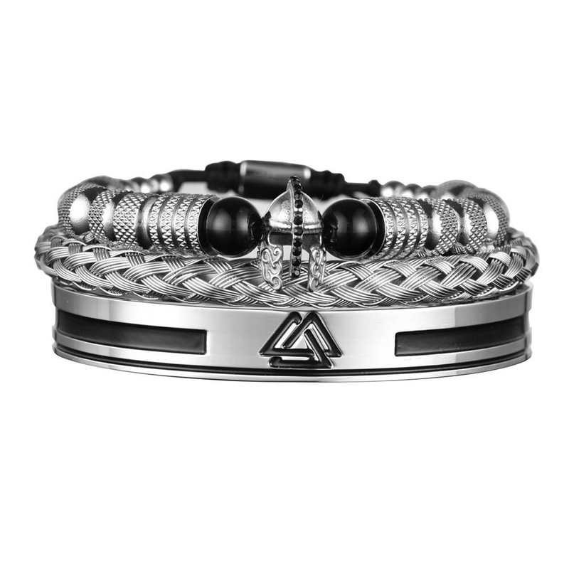 Ensemble de bracelets Viking Warrior pour homme - Bijoux manchette en acier inoxydable avec casque nordique et runes - Collection de bracelets Punk Armor (ensemble de 3 pièces) Casque de guerrier romain_voghion.com