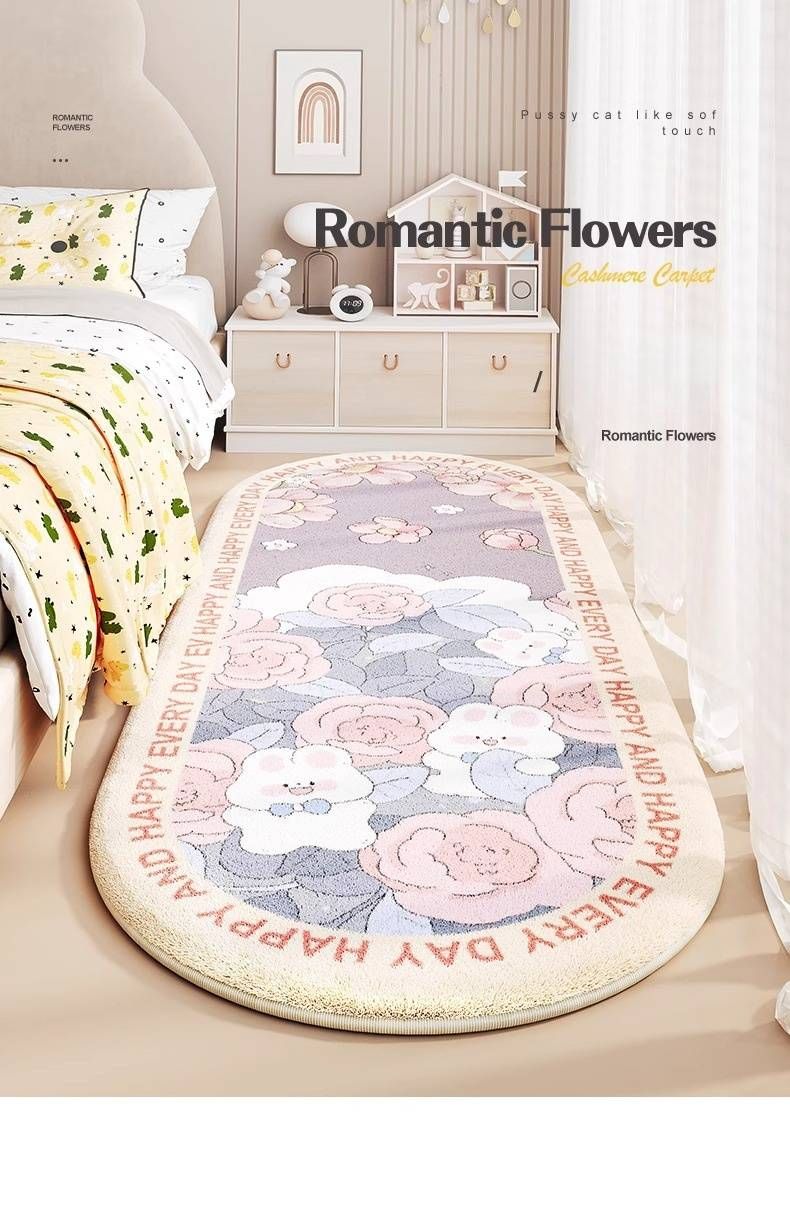 Tappeto per bambini in stile principessa - Tappetino da comodino ovale antiscivolo con stampa floreale e animali, tappeto lavabile in lavatrice per la cameretta delle bambine_voghion.com