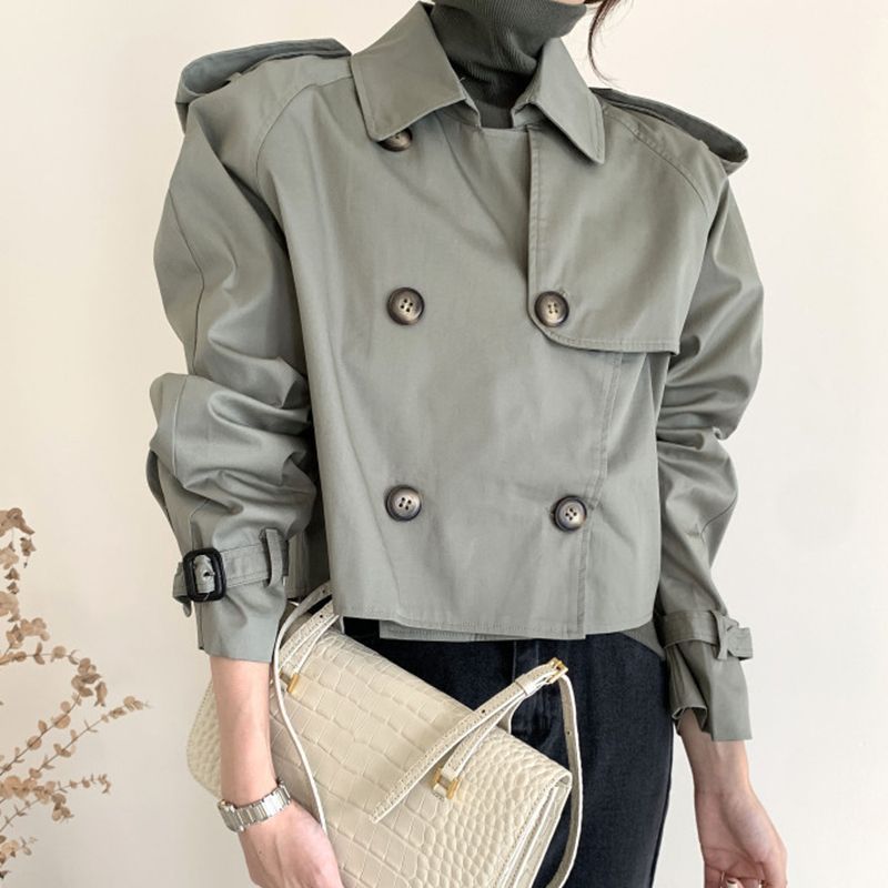 Chaqueta cortavientos de manga larga, holgada, versátil, con diseño de solapa retro y doble botonadura para mujer_voghion.com