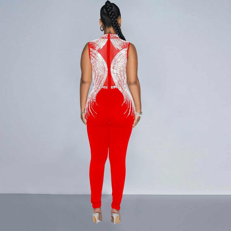 Vêtements pour femmes mode femmes couleur unie maille presse perceuse sans manches pantalon combinaison_voghion.com