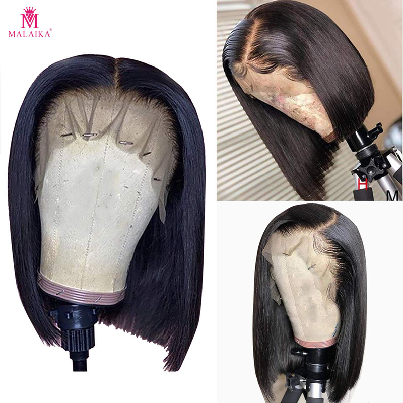 MALAIKA 13x4 Lace Straight Short Bob Human Hair Wigs With Brazilian Remy Hair Black Wigs With 180% Density Wigs For Women Human Hair_voghion.com