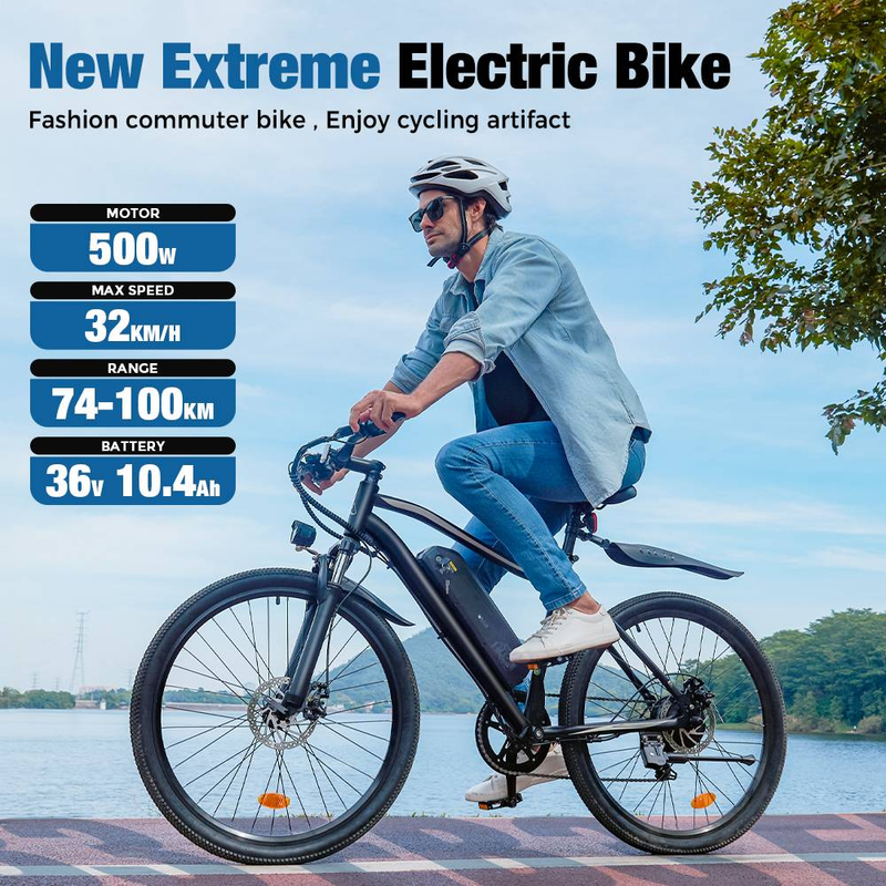 Rower elektryczny IScooter EB3 26 cali, silnik 500 W, akumulator 36 V 10,4 Ah, zasięg 100 km, prędkość 35 km/h._voghion.com