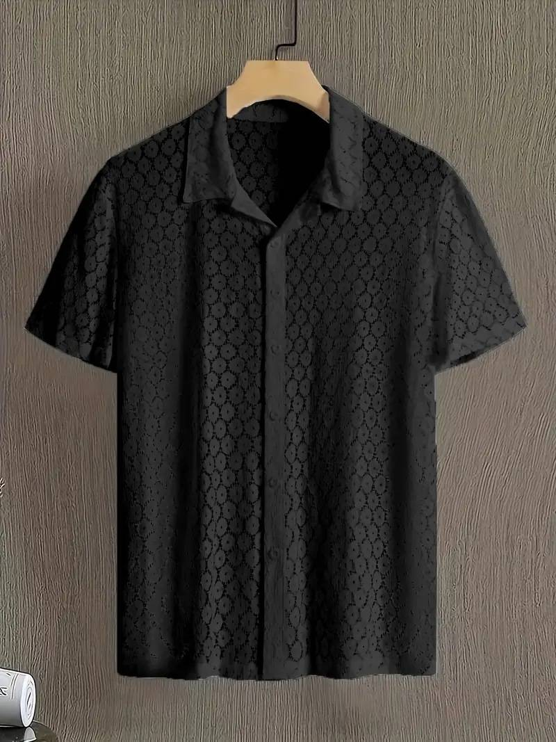 Camicia casual a maniche corte in pizzo con bottoni e prospettiva cava, abbigliamento da uomo_voghion.com