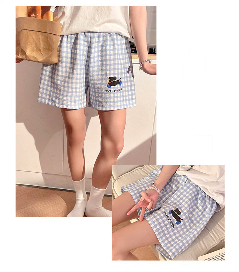 Pantaloni da pigiama estivi a quadri semplici da donna, pantaloncini da spiaggia sottili in cotone, pantaloni casual da casa - XL_voghion.com