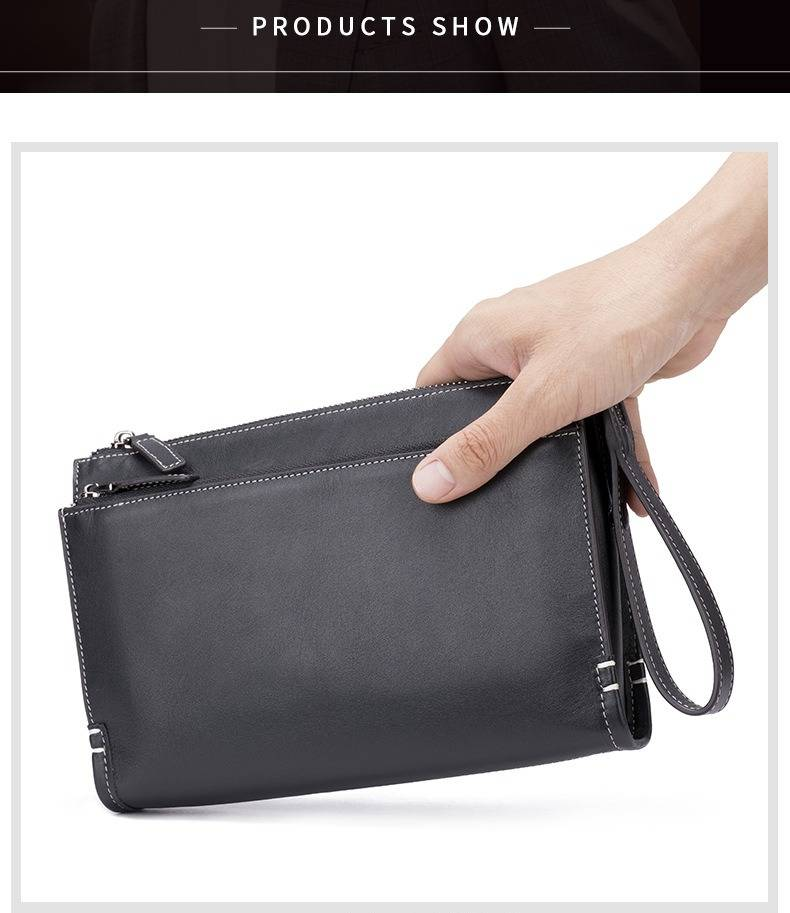 Men's Clutch Bag Wrist Bag Top Layer Cowhide Men's Large Capacity Handmade Wallet Mobile Phone Bag Casual Business Genuine Leather Zipper Handbag_voghion.com