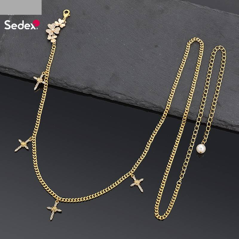 Women's Jewelry Hip Hop Cross Pendant Waist Chain Set - Layered & Single Chain With Crystals, Minimalist Style Waist & Ankle Chain_voghion.com