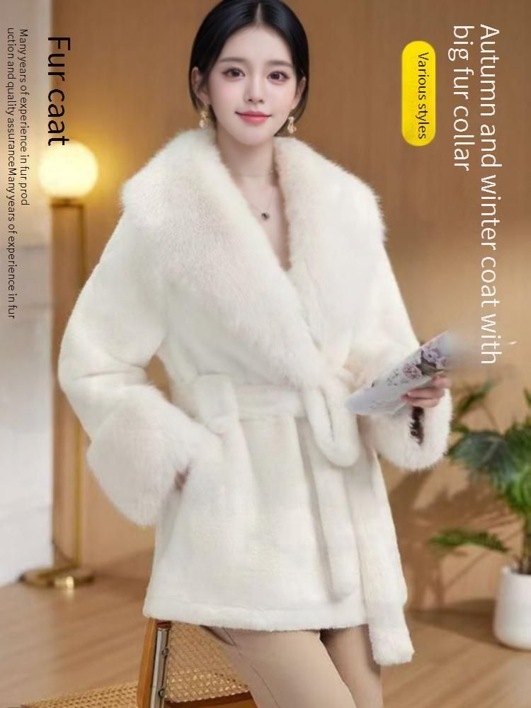 Elegant Faux Fur Coat With Belt & Oversized Collar - Winter Warm Plush Outerwear For Women In White, Black, Khaki, Brown, Leopard Print_voghion.com