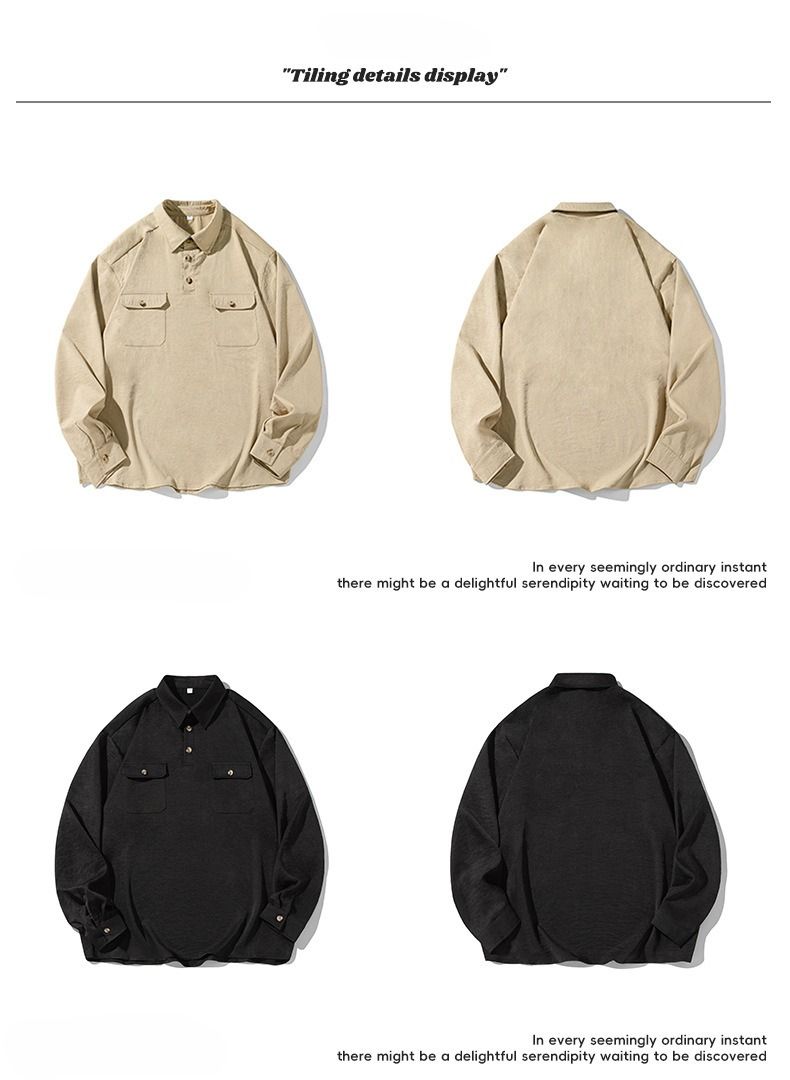 Vintage-Inspired Half Button Down Shirt, Oversized Casual Long Sleeve Shirt With Flap Pockets, Spring Layering Essential_voghion.com