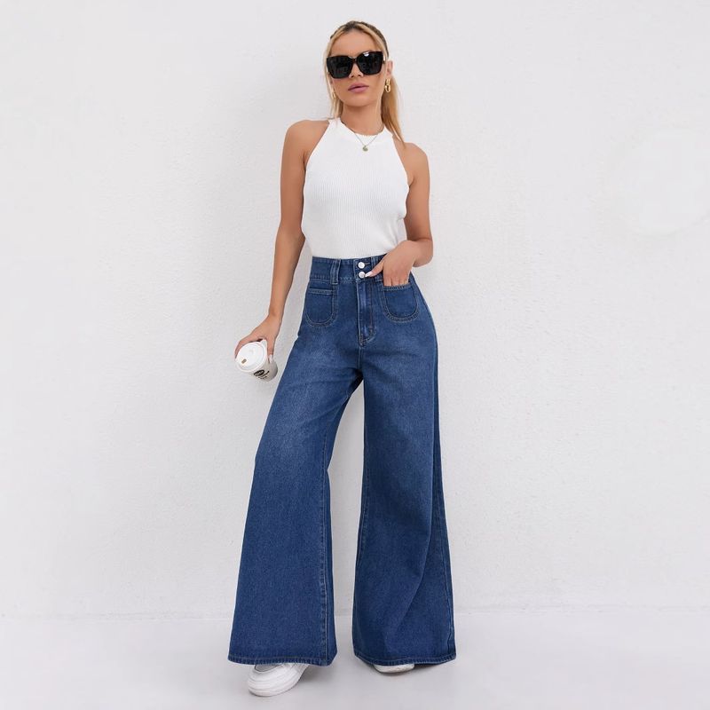 Women's High Waist Flared Jeans - Wide Leg Bootcut Denim Pants With Vintage Wash, Deep Blue_voghion.com