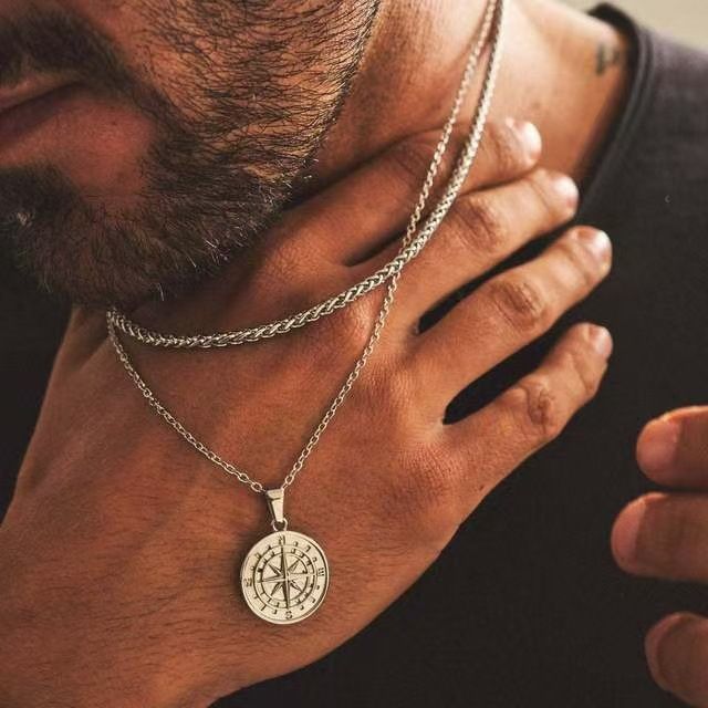 Men's Jewelry Compass Pendant Necklace Double Layer Stacking Sailing Travel Clavicle Chain Jewelry_voghion.com