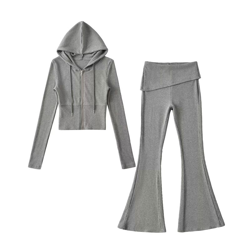 Fitted Flare Pants & Hooded Top Set - Slimming High-Waist Bell Bottoms With Asymmetric Detailing, Trendy Streetwear Outfit (Black/Gray/Khaki/Red, S-L)_voghion.com