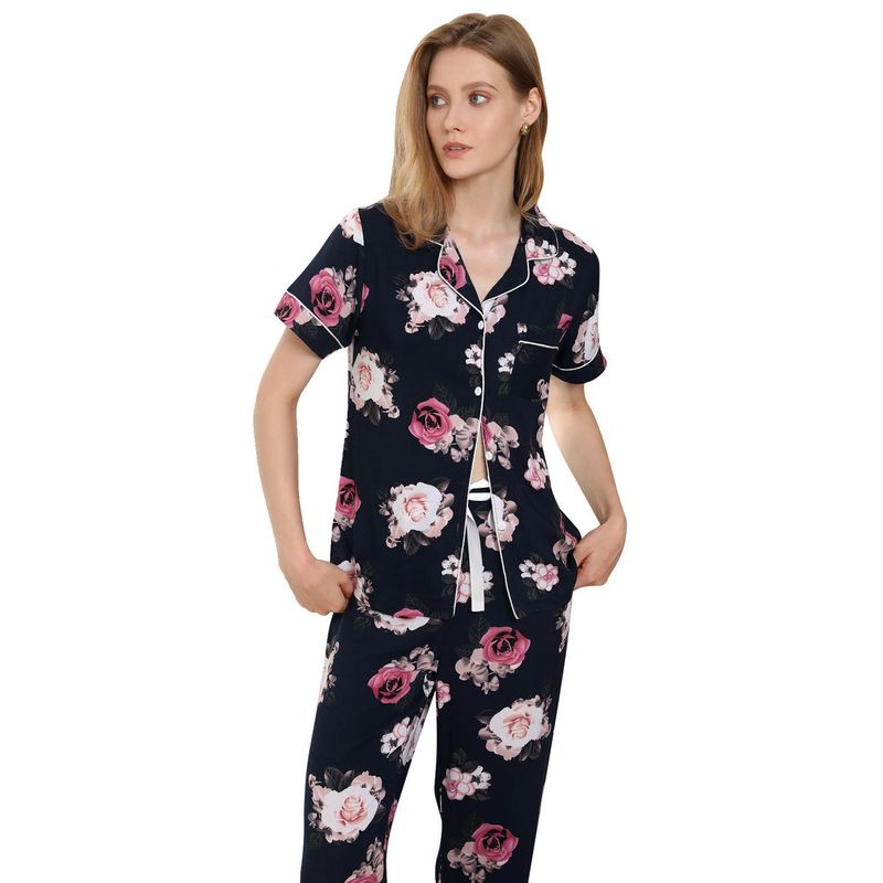Pyjama Dames Zomer Plantenprint Korte Mouw Shirt Lange Broek Tweedelige Set Huiskleding Pamas_voghion.com