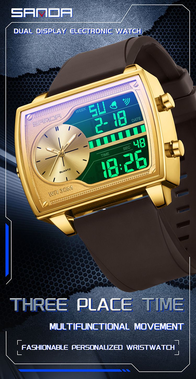 Montre carrée multifonction haut de gamme pour homme avec affichage lumineux, étanche à 30 m, double fuseau horaire et chronographe – Élégante pour le travail et les loisirs_voghion.com