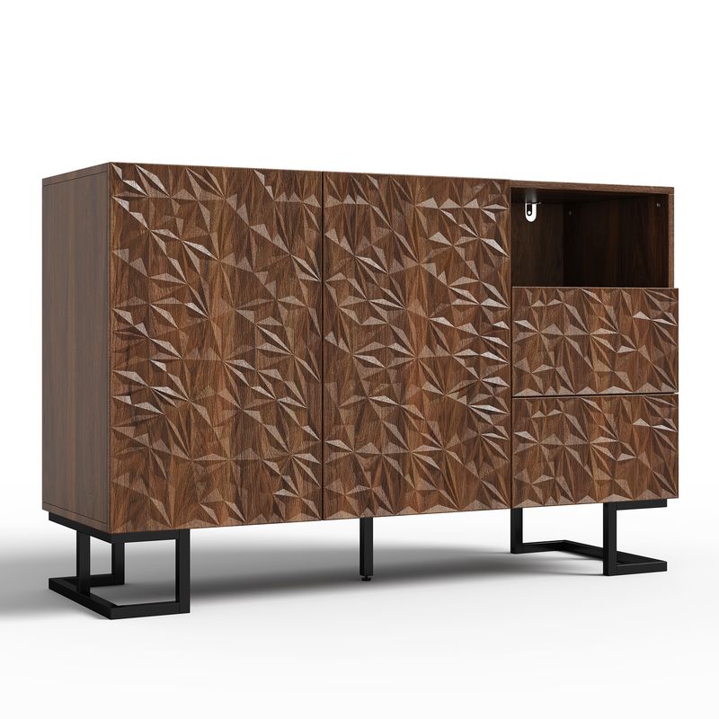 Beistellschrank 120x78,5cm Walnussoptik Mit Blattrelief, 2 Türen & 2 Schubladen_voghion.com