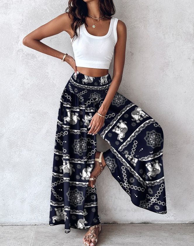 Damenbekleidung, Kollektion mit bedruckter Taille, Freizeithosen, Hosen mit weitem Bein_voghion.com