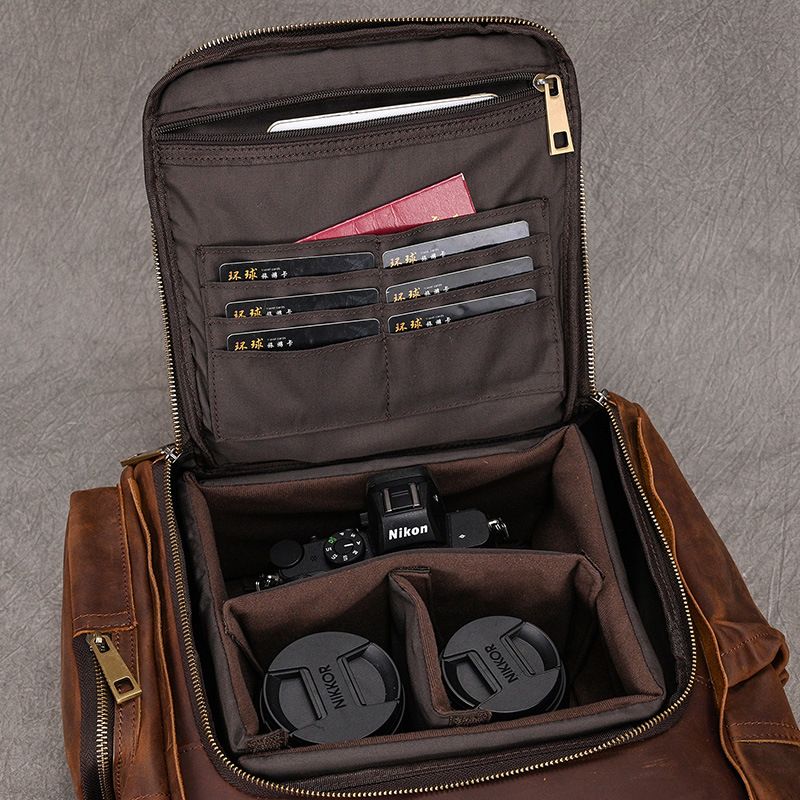 Crazy Horse Photography Men's Large Capacity Backpack Cowhide Travel Outdoor Genuine Leather DSLR Camera Bag_voghion.com