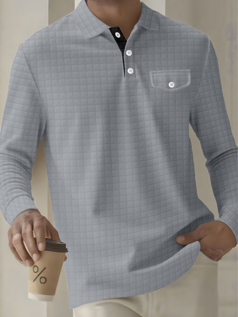 "Herren-Poloshirt mit langen Ärmeln und Karomuster – Atmungsaktives Button-Down-Taschendesign für Freizeit- und Business-Casual-Kleidung – Weiß/Schwarz/Grau/Marineblau/Orange"_voghion.com
