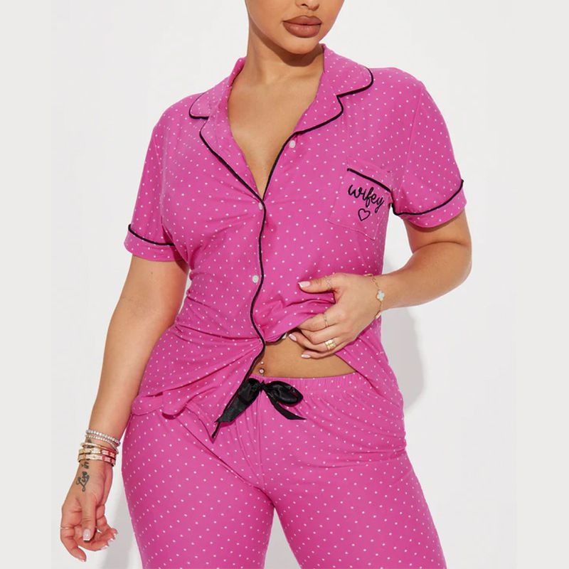 Women's Clothing Home Comfortable Printed Front Open Lapel Short Sleeved Trousers Suit_voghion.com
