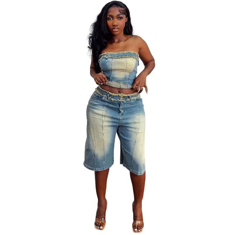 Women's Clothing Jeans Suit Fashion Raw Edge Wrap Top High Waist Denim Shorts_voghion.com