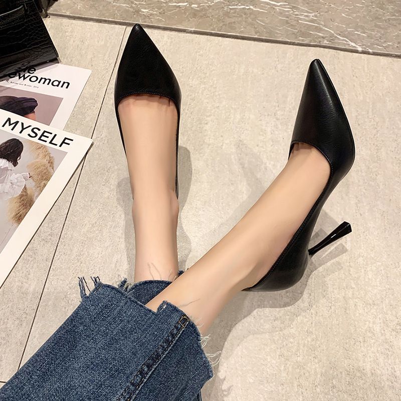 Fine heel soft leather high heels new temperament versatile black work high heels_voghion.com