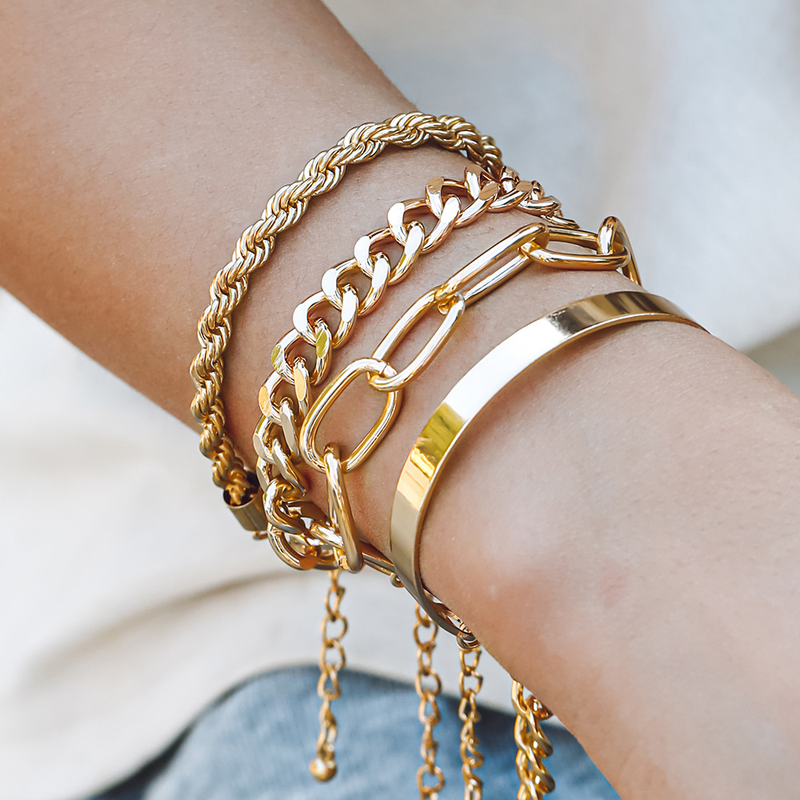 Alloy 4-Piece Set Hip-Hop Cuban Punk Style Niche Twisted Rope Chain Bracelet Jewelry_voghion.com