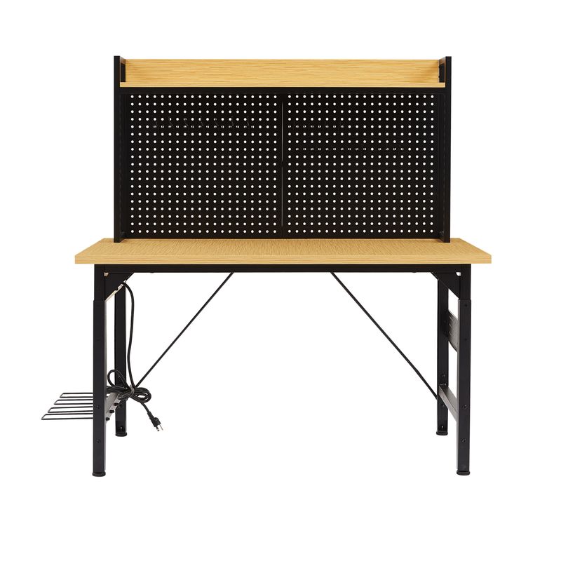 48''Adjustable Workbench With Pegboard, Heavy Duty Wooden Desktop Workbench With Wheels, 1600 Lb. Load Capacity, Rolling Workbench With AC/USB Outlet, Hooks, Shelf, For Garage, Workshop, Office, Home._voghion.com