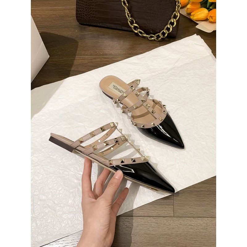 Mules a punta in pelle di pecora V Brand per donna, sandali piatti con borchie di celebrità di Internet, sandali estivi in vera pelle per esterni_voghion.com