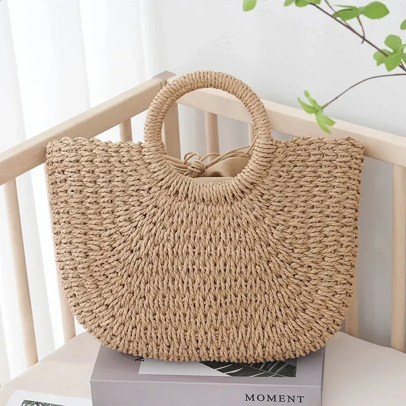 New Bags Summer Halfmoon Straw Bag For Women Handmade Portable Handbag Large Capacity Beach Basket Woven Tophandle Purse_voghion.com