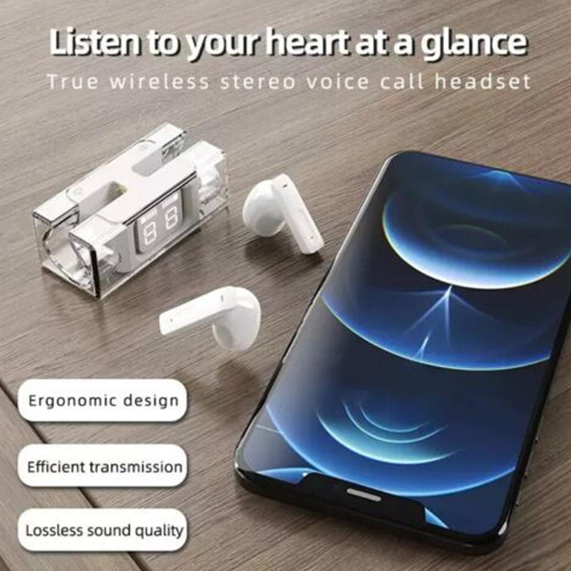 SP28 TWS E90 Mini ausīs ievietojamas austiņas Pilnībā caurspīdīgas bezvadu Bluetooth austiņas Mūzikas austiņas 5.3 digitālais retro displejs D3F6_voghion.com