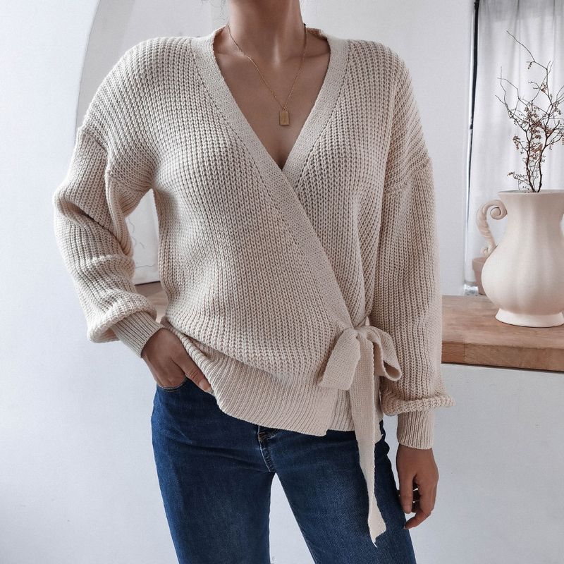Maglione lavorato a maglia con nodo e scollo a V casual autunno inverno Abbigliamento da donna_voghion.com