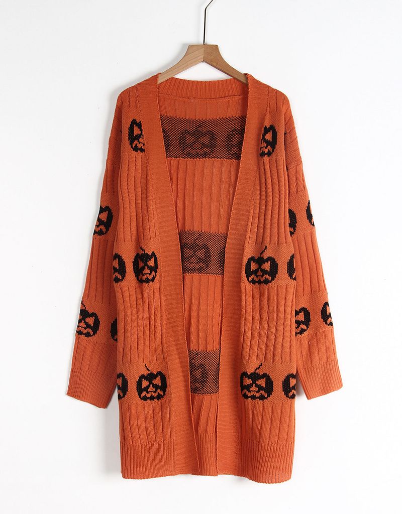 Halloween Pumpkin Jacquard Cardigan Sweater For Women - Acrylic Knit Open Front Coat With V-Neck, Long Sleeve (Black/Orange/Purple)_voghion.com