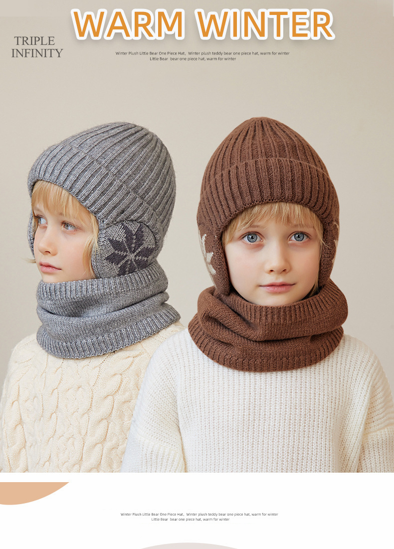 Modische Wintermützen für Kinder, mit Flausch gefüttert, winddicht, warm, Mützen, Outdoor-Nackenschutz, Schal, dicke Strickmützen_voghion.com