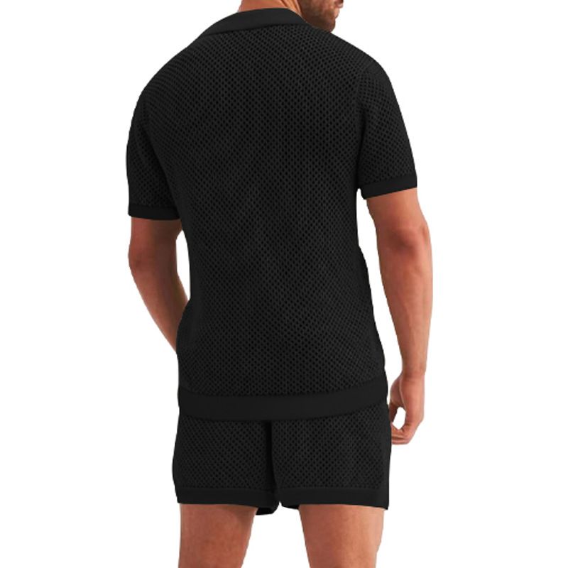 Herrenbekleidung Herrenmode aushöhlen durchsichtig cool lässig dünne Oberbekleidung Herren Kurzarm Shorts Set_voghion.com