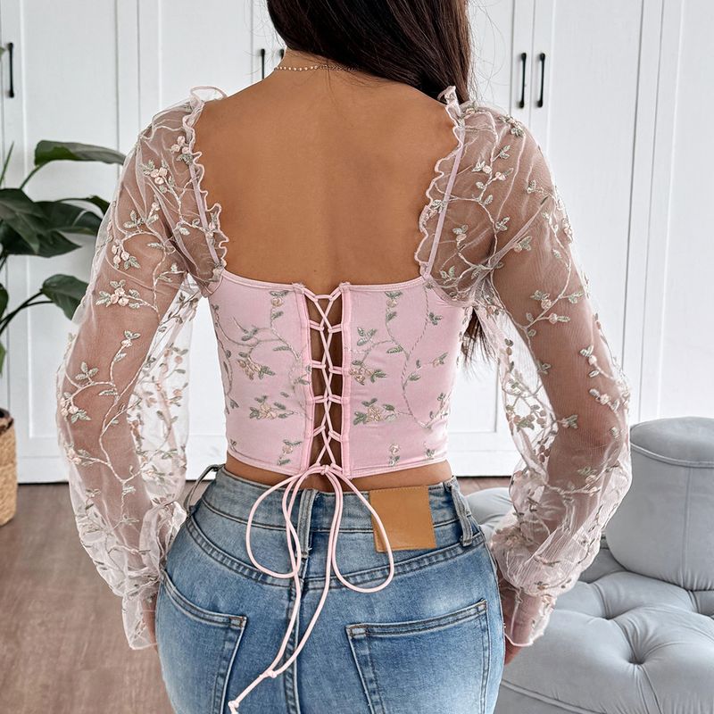 Top a maniche lunghe con ricamo patchwork in rete trasparente e anello in acciaio a spina di pesce K Spicy Girl_voghion.com